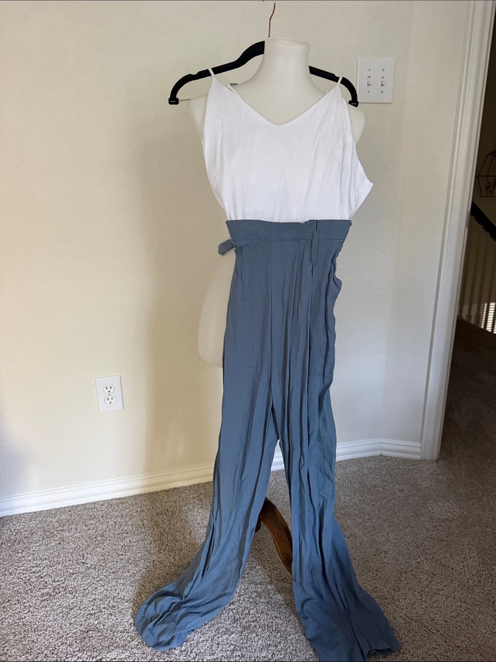 Altar'd State White and Slate Blue Wide-Leg Two-Tone Jumpsuit